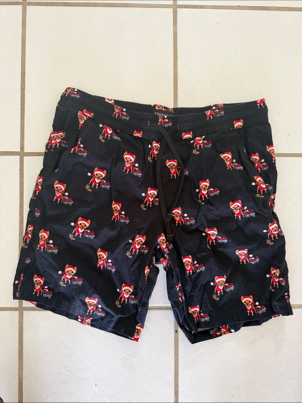 Black Swim Trunks with chihuahua wearing Christmas hats